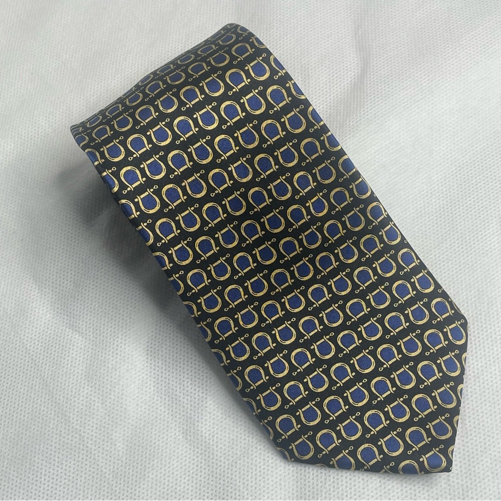 Ashford & Brooks London Equestrian Necktie 100% Silk Handmade Navy Blue Gold Tie